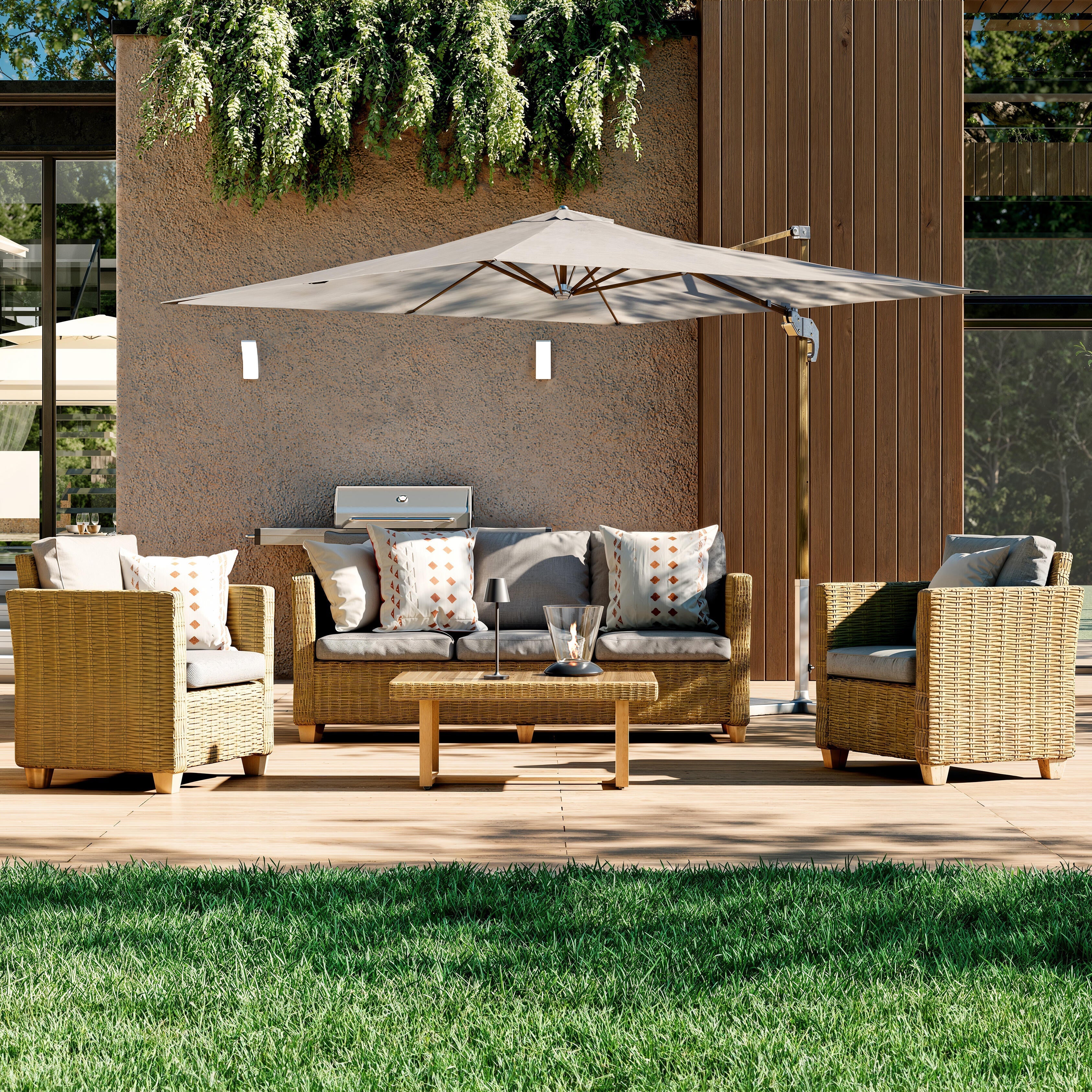 Salotto da giardino Medena NATERIAL 5 posti beige con cuscini bianchi