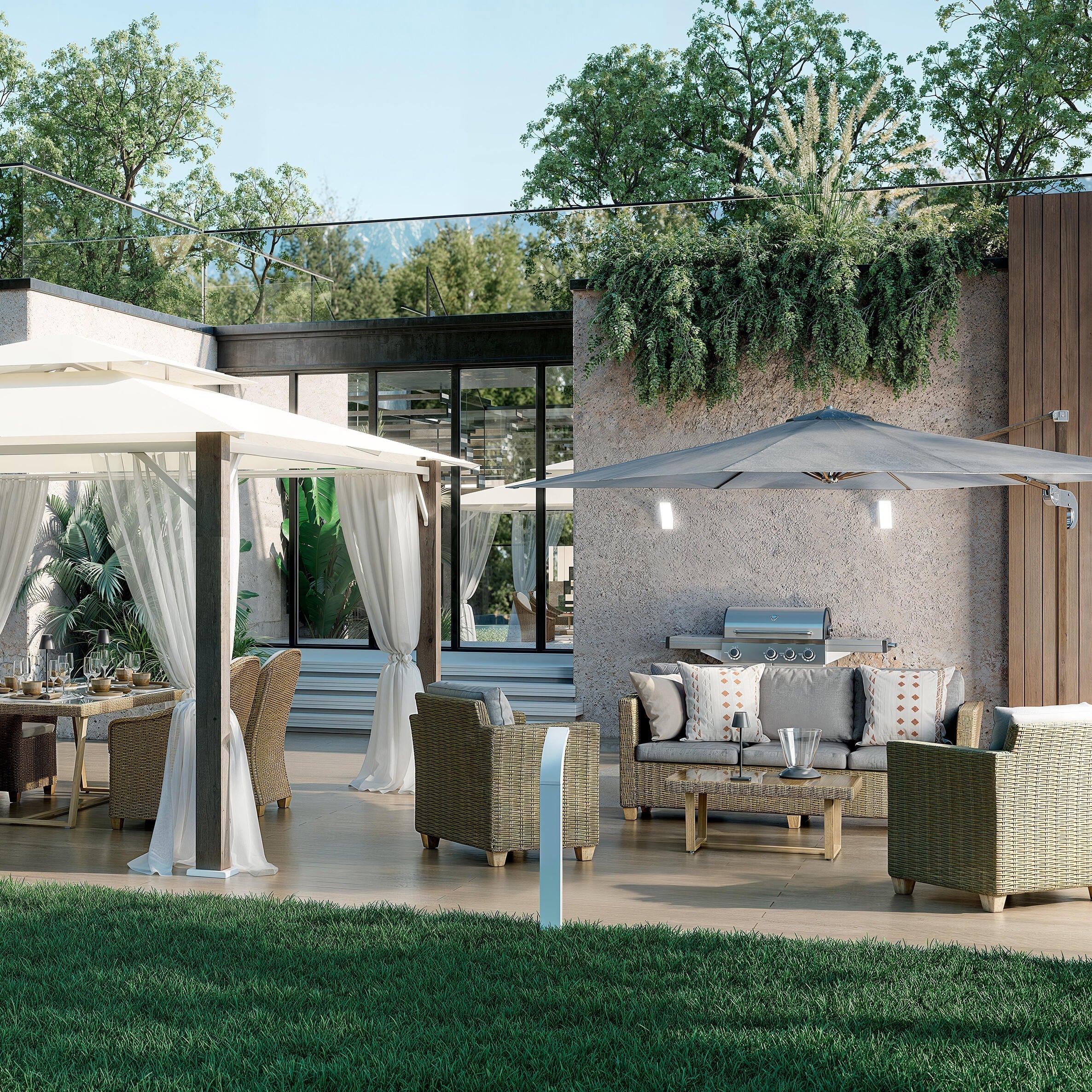 Salotto da giardino Medena NATERIAL 5 posti beige con cuscini bianchi
